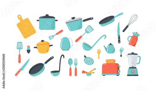 Cooking utensils and kitchenware collection with cookware cutlery boards and appliances in colorful flat vector style for food and home design on white background