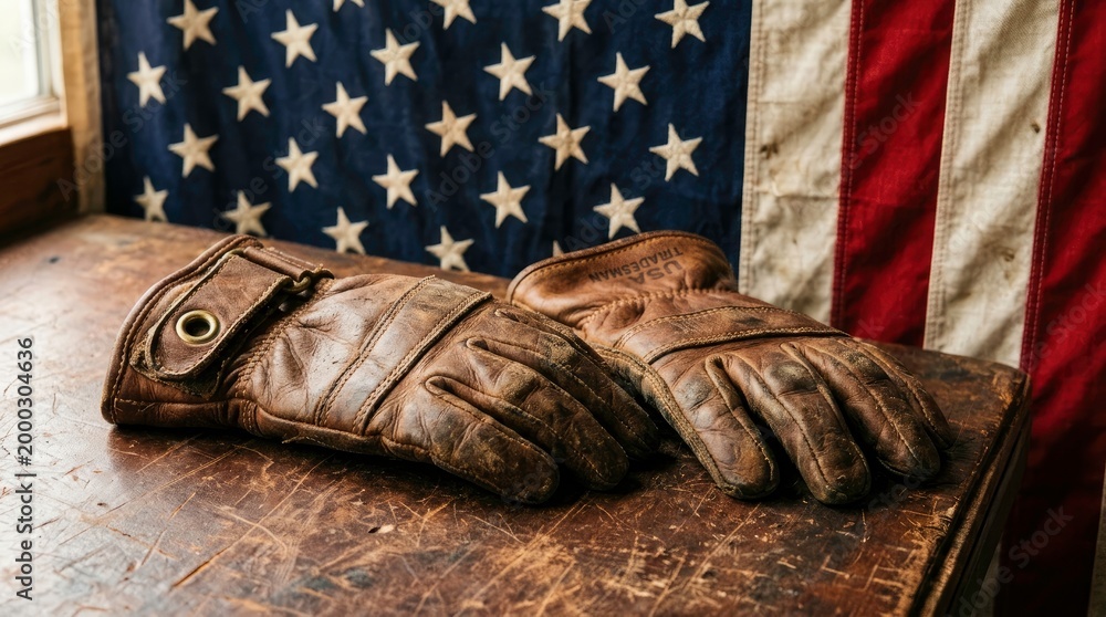 Fototapeta premium Pair of old leather gloves resting on a wooden surface with American flag.