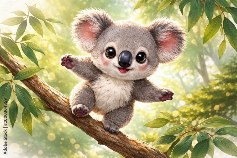 Obraz premium Adorable koala balancing on a tree limb with playful print design