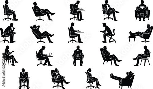 Sitting silhouette vector set featuring people in diverse chair postures including office, lounge, and casual seating positions