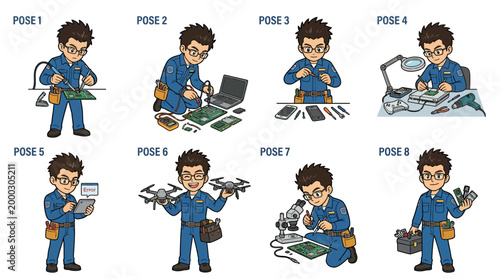 A cartoon technician performs various electronic repair tasks including soldering, drone maintenance, and diagnostic testing with professional tools and equipment
