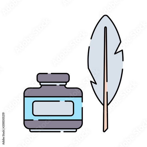 Ink Bottle and Quill Flat design style, ink container with feather pen, symbolizing classic writing and art, ideal for creative and literary designs 