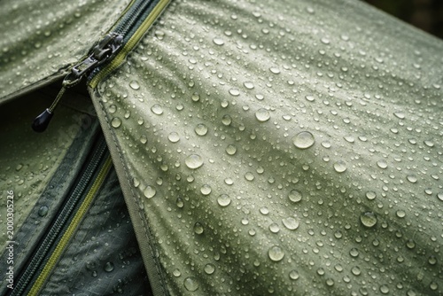Camping tent material showing light green water repellent fabric with rain drops