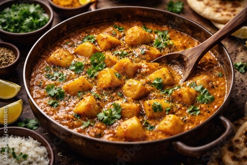 Delicious homemade vegan potato curry with Indian flavors emphasizing plant based meals