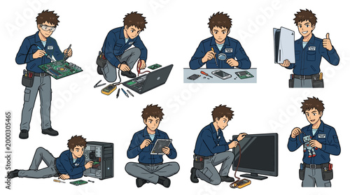 Professional technical repairman in uniform performs various maintenance tasks on electronics like computers, gaming consoles, phones, and small robotic hardware parts.