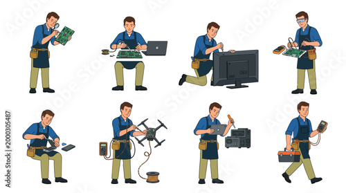A skilled electronic technician diligently performing various repair and maintenance tasks on modern devices and intricate circuit boards.