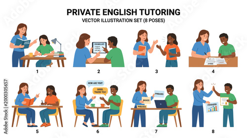Engaging vector illustration set portrays private English tutoring, with a female teacher guiding diverse students through language learning, speaking, reading, writing, and vocabulary.