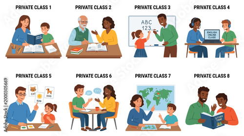 Diverse group of tutors and students engaged in various private academic learning sessions including language classes and reading activities