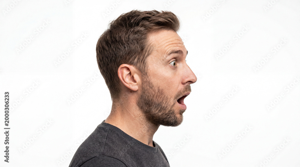 Fototapeta premium Profile View of Surprised Man with Open Mouth and Shocked Expression, Studio Portrait on White Background, Amazed Caucasian Male with Beard