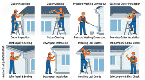 Residential gutter maintenance services include cleaning, repair, inspection, downspout installation, and leaf guard fitting.