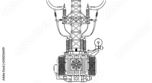 Electric power transformer technical drawing of high voltage station
