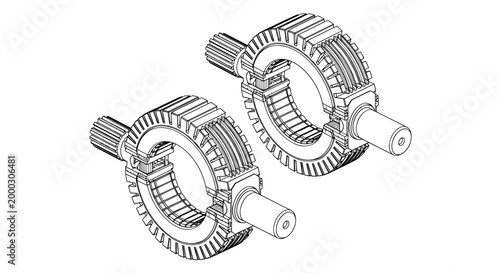 Mechanical gear and spline shaft assembly technical drawing
