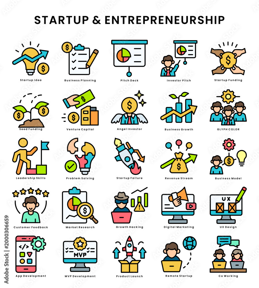Fototapeta premium Set of 25 startup & entrepreneurship icons lineal color editable including startup idea, business planning, pitch deck, investor funding, venture capital, business growth, leadership, marketing, UX