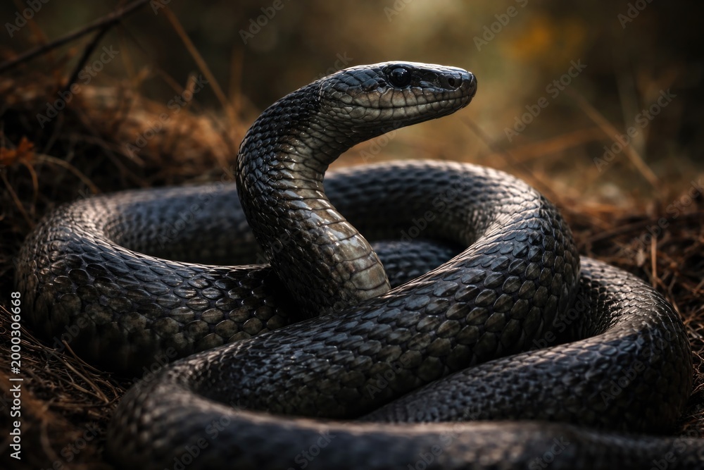 Fototapeta premium A dramatic view of a black mamba coiled in the wild showing its sharp head