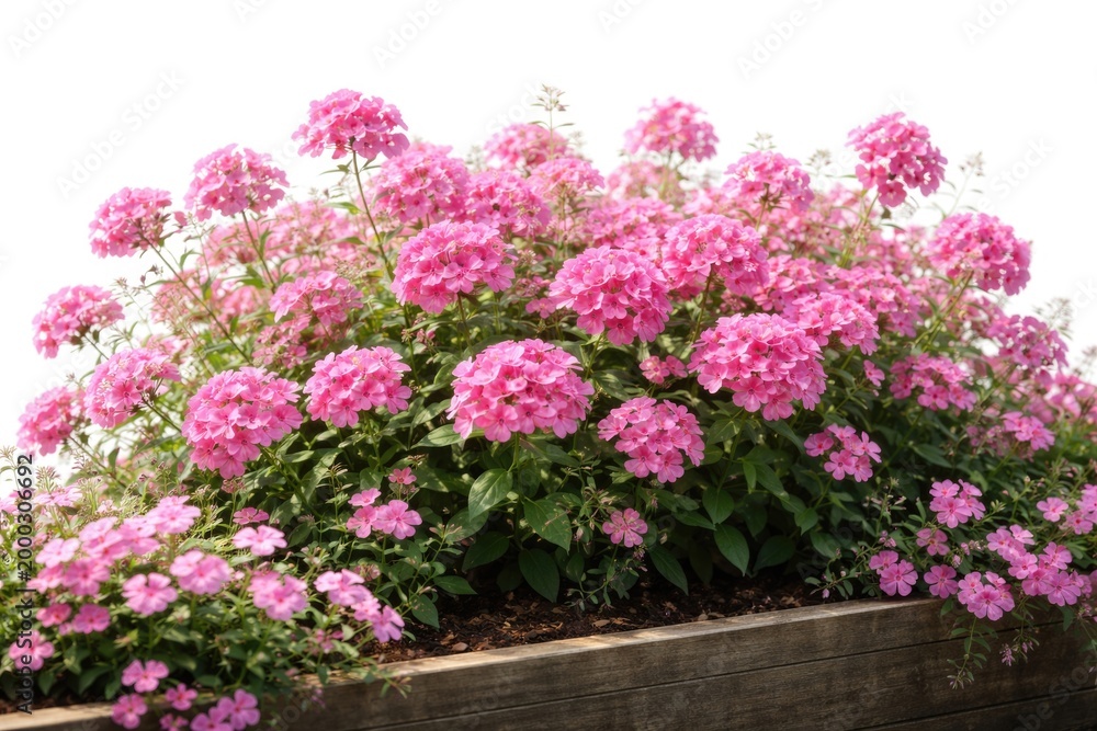 Obraz premium Cluster of pink garden flowers in a contained flower bed against white background for horticulture concepts