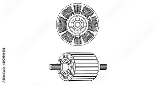 Motor rotor and stator components for electric engine line art
