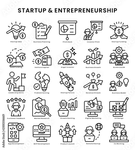 Set of 25 startup & entrepreneurship icons line outline editable including startup idea, business planning, pitch deck, investor pitch, startup funding, venture capital, business growth, leadership