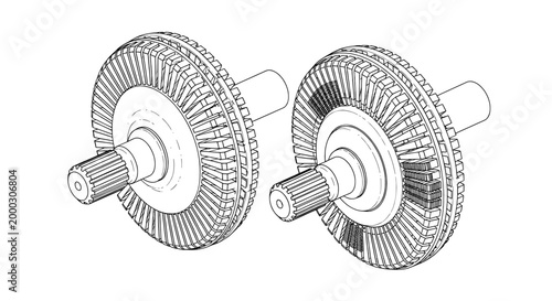 Spline shaft and gear technical drawing illustration for engineering
