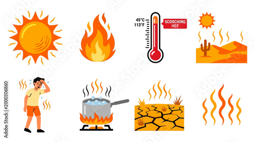 Collection of illustrations depicting extreme heat, scorching sun, desert landscapes, and effects of high temperatures