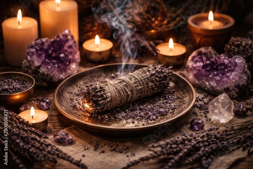 Lavender smudge stick ritual setup with flickering candles and amethyst clusters for holistic cleansing