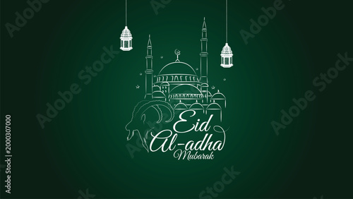 Eid al adha mubarak green background featuring mosque line art and sacrificial animal sketch for islamic holiday card design with white lanterns and calligraphy for spiritual celebration greeting.