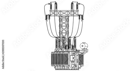 Electric power transformer technical drawing of high voltage station
