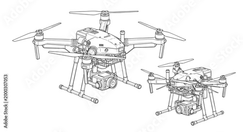 Drone line art illustration of modern quadcopter with camera
