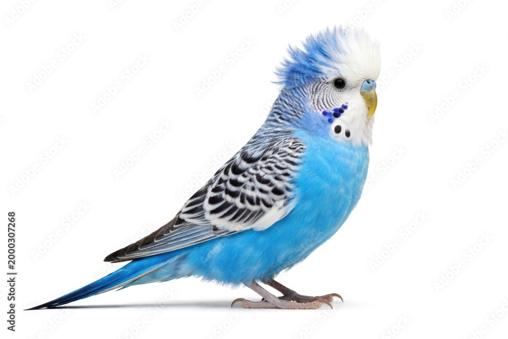 Fototapeta premium Blue crested budgerigar in profile pose with pure white background