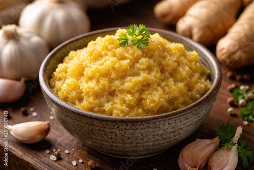 Ceramic bowl filled with vibrant ginger and garlic paste highlighted by selective focus