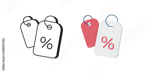 Discount Tag Icon Set Showing Sale, Online Shopping Icon With Percent Symbol, Outlined And Colored Variations, Hanging Hole Details, Red And Gray Palette, Minimalist Flat Style, Ecommerce