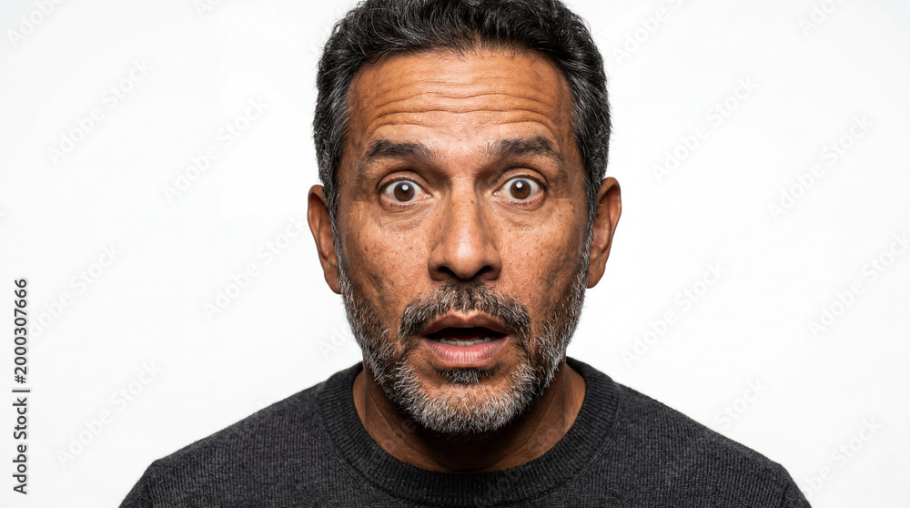 Obraz premium Close-up Portrait of a Shocked Mature Hispanic Man with Expressive Wide Eyes and Open Mouth, Surprised Middle-Aged Male Headshot on White Background