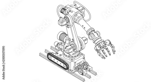Robot arm industrial manipulator on tracks technical line drawing
