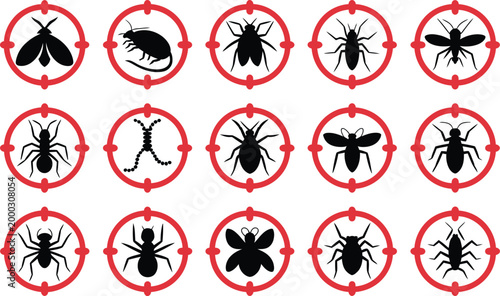 Pest control. Insects icon set with insect repellent label product and isolated forbidding warning signs of harmful insects and rodents for safety design use.