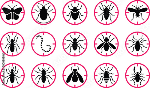 Pest control. Insects icon set featuring insect repellent label product with isolated warning and prohibition signs of harmful insects and rodents for packaging and commercial graphics.