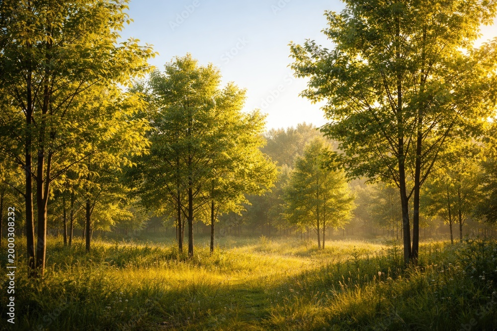 Fototapeta premium Lush young deciduous trees basking in soft golden light under a clear sky