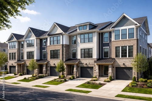 Freshly constructed townhouses exhibiting appealing front elevation on sunny day