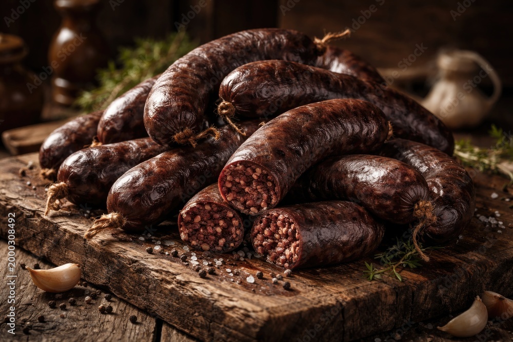 Fototapeta premium Heap of rich blood sausages resting on weathered wood