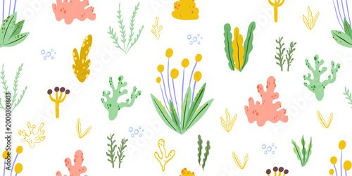 Seaweed and coral reef seamless pattern for botanical marine wallpapers underwater garden decor children bathroom interior and summer coastal birthday theme
