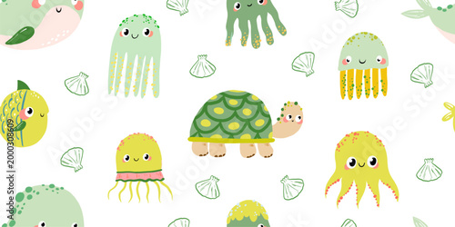 Cute sea turtle and jellyfish seamless pattern for eco friendly baby products nursery wall art oceanic kids party and underwater nature themed branding