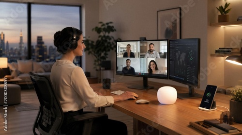 Professional woman working from home with secure VPN connection and AI cybersecurity assistant on her desk