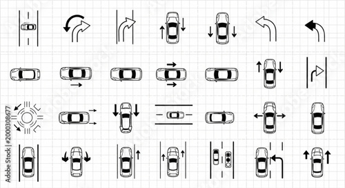 Collection of car driving maneuver icons top view.