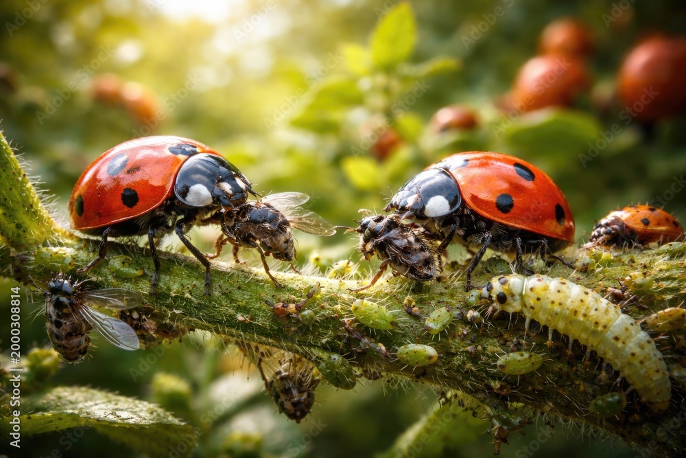 Fototapeta premium Insects beneficial to gardens ladybugs eating flies