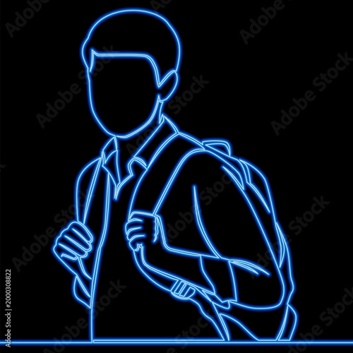 Teenage boy with school backpack ready for education and daily commute icon neon glow vector illustration concept