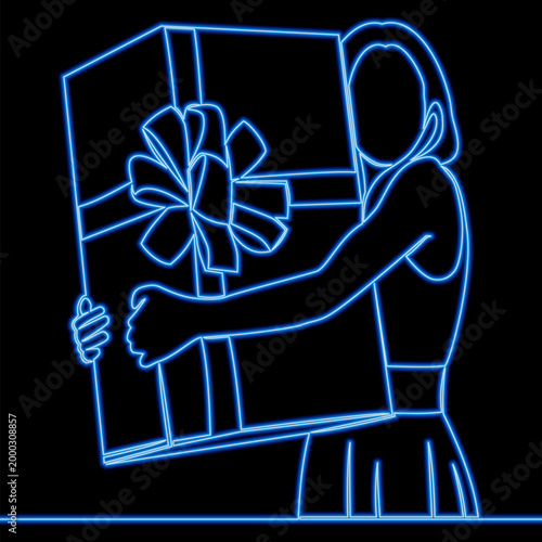 Woman in dress hugging giant gift box with ribbon bow symbolizing surprise and celebration icon neon glow vector illustration concept