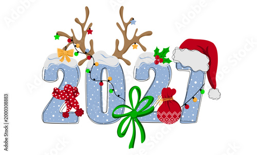 Hand drawn doodle number of 2027 with scarf,  santa hat, antler and garlands. Happy new year. Christmas design for poster, banner, t shirt, card, flyer. Vector illustration