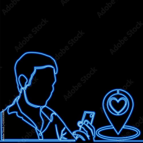 Man using smartphone with location pin and heart icon symbolizing dating and social connection icon neon glow vector illustration concept