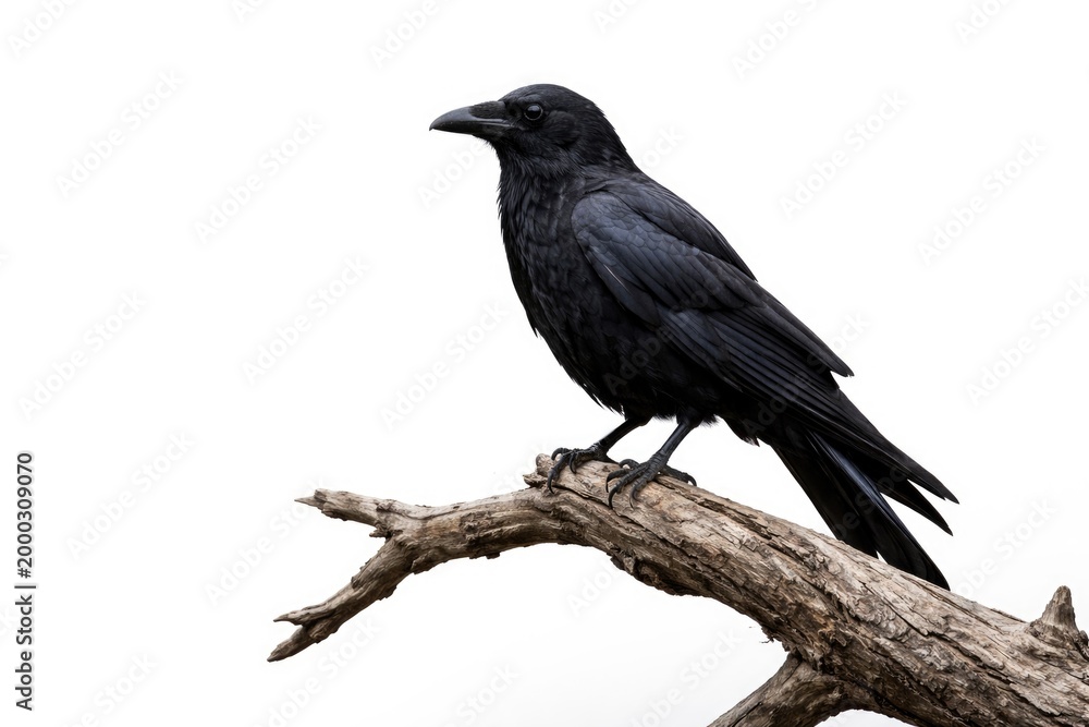 Obraz premium Lone black crow sitting on deadwood branch over white background