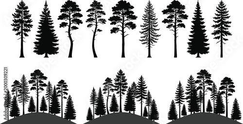 Coniferous tree silhouette vector set featuring pine, fir, and clustered forest designs for nature and landscape projects