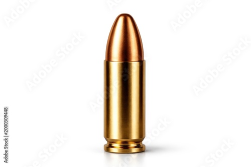 Elegant 9mm bullet standing vertically on a white background with focus on its smooth metallic texture and tapered tip
