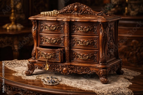 Decorative antique wooden jewelry chest featuring finely carved drawer details